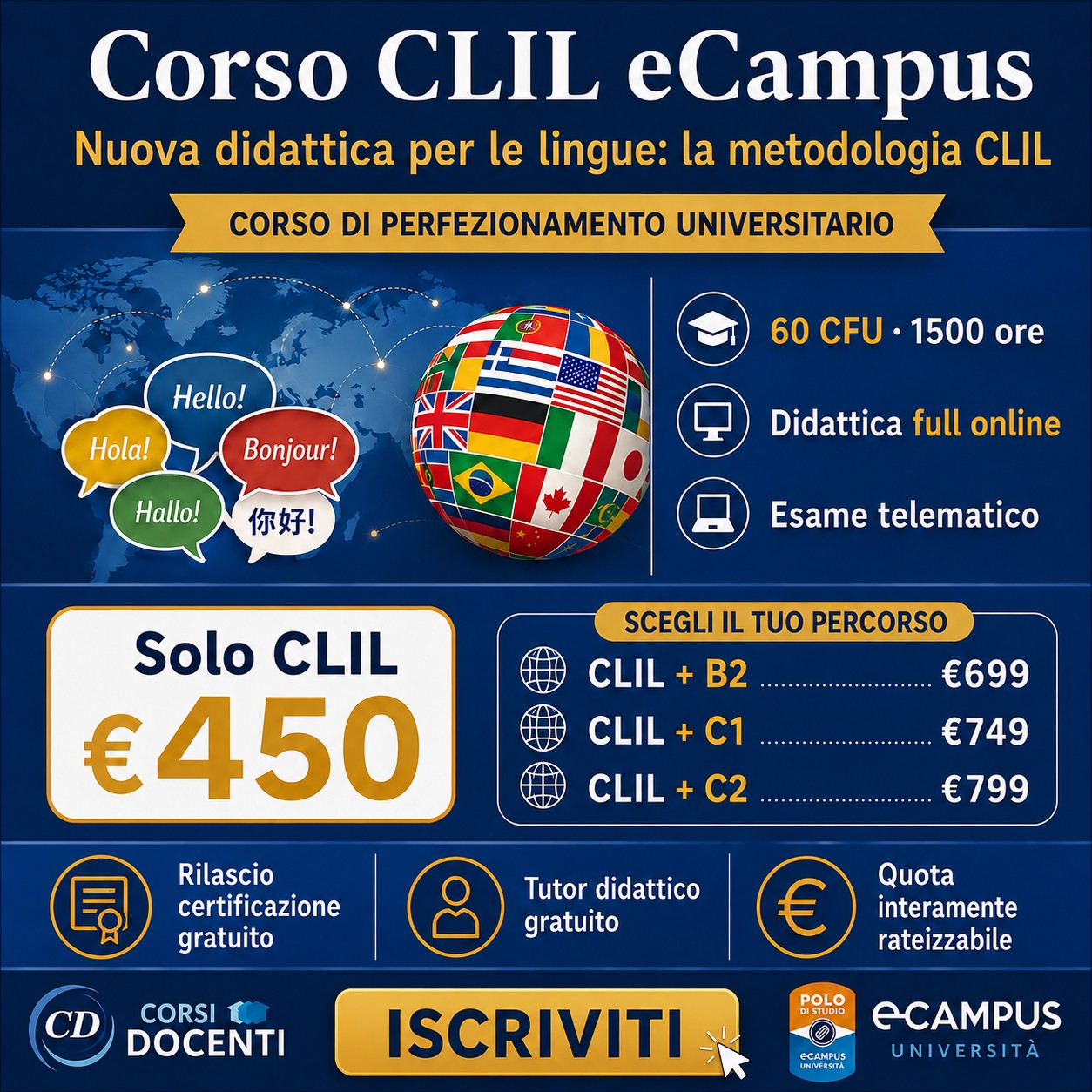 Corso CLIL eCampus Nuova didattica per le lingue: la metodologia CLIL, corso di perfezionamento universitario online da 60 CFU