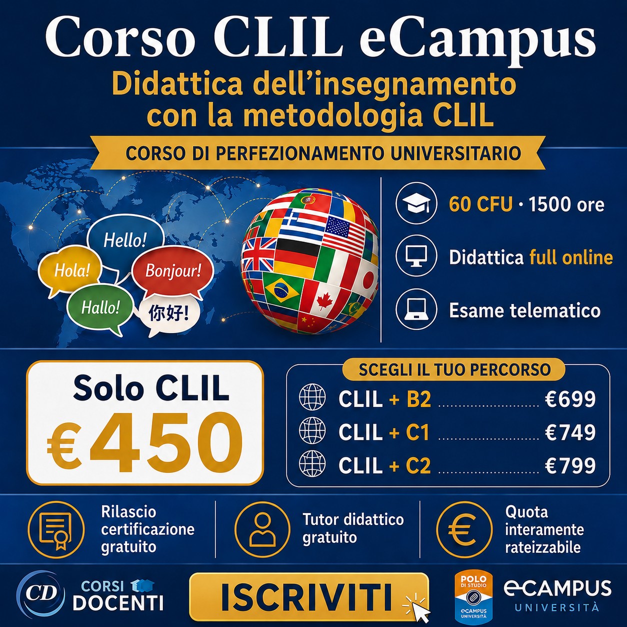 Corso CLIL eCampus Didattica dell’Insegnamento con la metodologia CLIL, corso di perfezionamento universitario online da 60 CFU