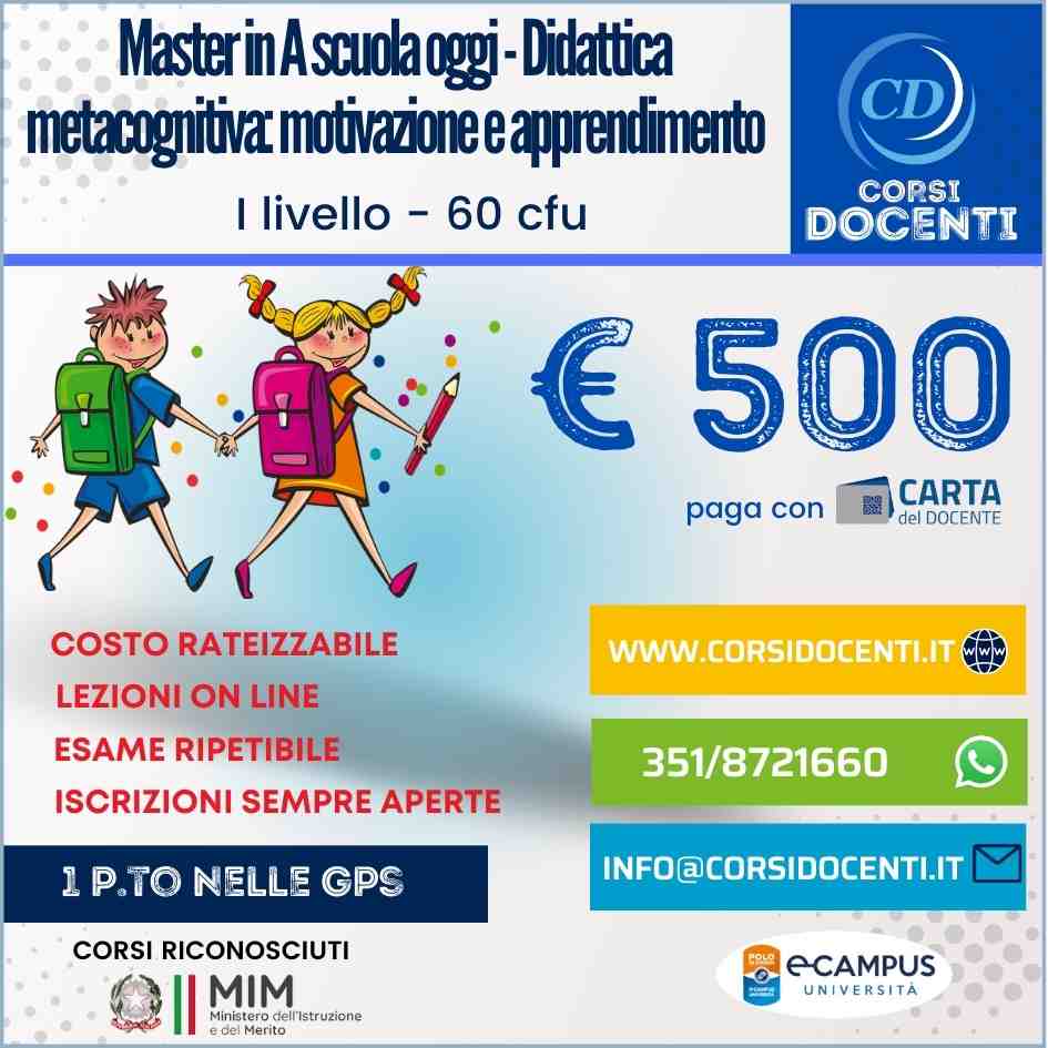 Master in A scuola oggi - Didattica metacognitiva motivazione e apprendimento
